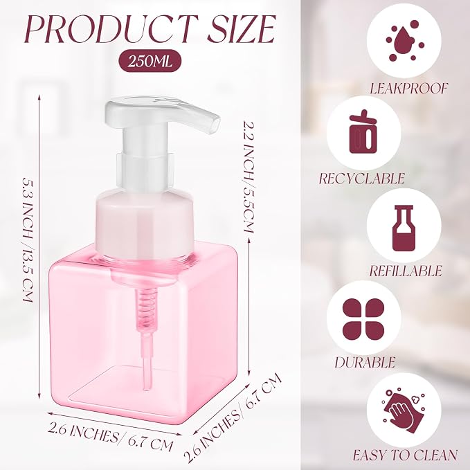 Domensi Foaming Soap Dispenser 8.5 oz Foam Pump Bottle Bulk Empty Travel Foaming Dispenser Refillable Hand Soap Plastic Pump Bottle Travel Clear Container for Bathroom Vanities(12 Pcs,Pink)