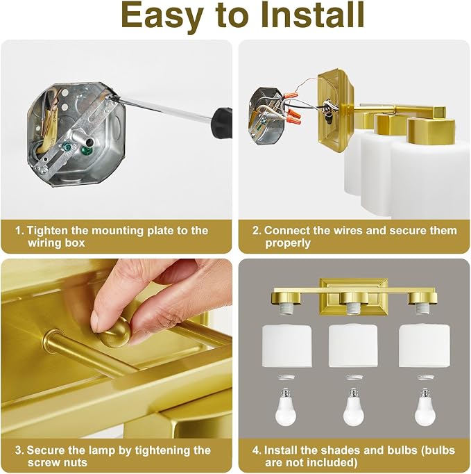 EJIAXIN 3-Light Bathroom Light Fixtures - Gold Bathroom Vanity Lights with Glass Shade Modern Bathroom Lighting Fixtures Over Mirror - Wall Sconce Lamps for Bedroom,Living Room,Hallway