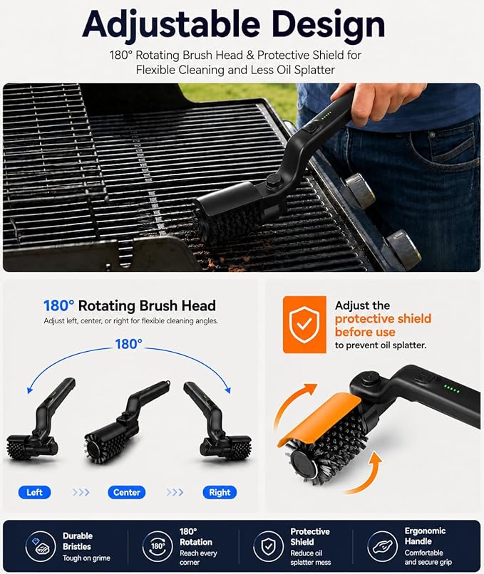 Electric Grill Brush for Outdoor Grill, BBQ Grill Cleaner with 2 Brush Heads, 3-Speed Cordless Rotary Brush, Adjustable Angle, 150-Min Runtime, Grill Cleaning Tool for Barbecue Grates