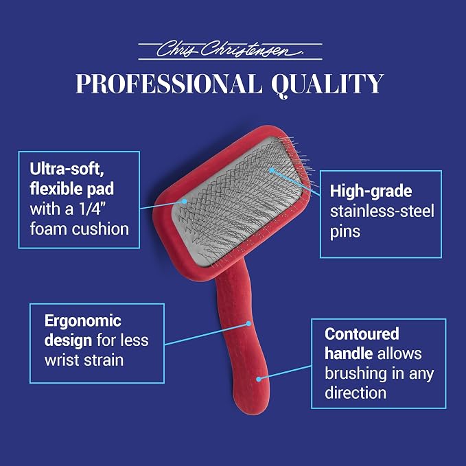 Chris Christensen Mark II Slicker Brush, Groom Like a Professional, Stainless Steel Pins, Lightweight Beech Wood Body, Ground and Polished Tips, Red Small