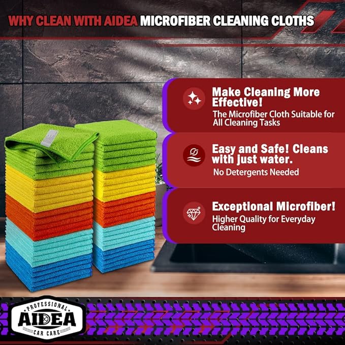 AIDEA Microfiber Cleaning Cloth, 800PK, Microfiber Towels for Cars, Shop Towels Cleaning Rags, Premium Wash Cloths, Absorbent Towel for SUVs, House, Kitchen, Commercial, Cleaning Supplies 12×12"
