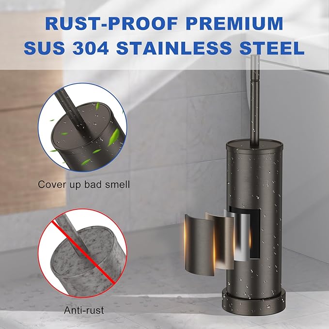 Brushed Nickel Toilet Brush and Holder Set, 304 Stainless Steel Toilet Brush for Bathroom, Heavy Duty Toilet Bowl Brush with Holder, Removable Inner Bowl and Splash Protection, Long Handle