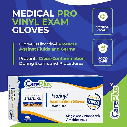 CARE PLUS Pro Vinyl Clear Gloves - Small Size, 100 Count | Latex-Free, Powder-Free, Heavy Duty, Non-Sterile, | Food Prep, Kitchen & Cleaning Gloves, Hair Coloring | Ideal for Professional Use