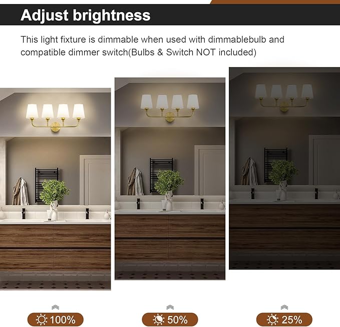 Bathroom Vanity Light, Brushed Gold Bathroom Light Fixtures, 4-Light Lighting Fixtures Over Mirror, Modern Wall Sconce with Flared White Fabric Shade, E26 Socket(ETL Listed)