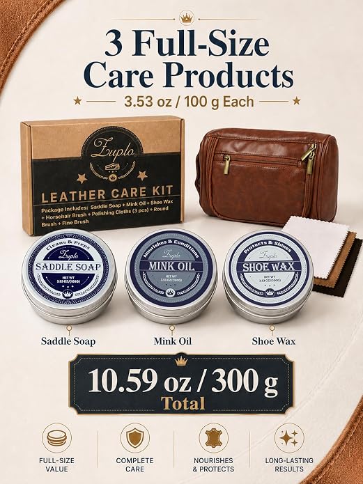Leather Care Kit, 3.53 oz Saddle Soap, Mink Oil & Neutral Shoe Wax, Shoe Shine Kit with 3 Brushes, 3 Cloths & Bag