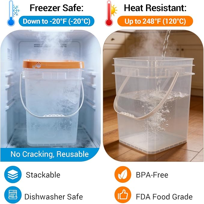 4 Pack 6.6 Gallon Square Plastic Bucket with Orange Lids, Heavy Duty Storage Containers with Handle, Large Clear Plastic Pail for Paint, Cleaning and Industrial Use, BPA Free