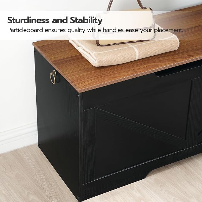 HOOBRO Storage Bench, 39.4" Retro Wooden Storage Chest with U-Shaped Cut-Out Pull, Safety Hinge, Supports 220 lb and Easy Assembly for Toy Box Organizer (Black and Walnut) BH771CW01G1