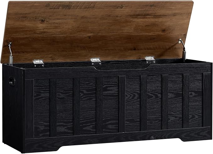 VANKILEY 47.2" Storage Chest Extra Large,Storage Trunk with 2 Safety Hinges,Wooden Storage Bench,Shoe Bench,47.2x15.7x19.1 Inch,Easy Assembly,Storage Bench for Bedroom,Living Room,entryway(Black+Brown