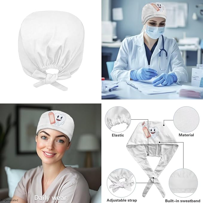 Gomyblomy Women's Scrubs Suit 3-Piece Set | Teeth Print V-Neck Top & Pants & Cap, Breathable and Stretch Fabric, S-5XL