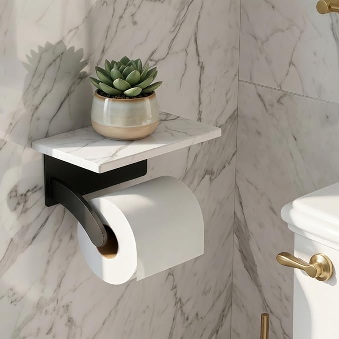 FORIOUS Toilet Paper Holder with Phone Shelf, Natural Marble Wall Mount Tissue Roll Holder for Bathroom, Washroom, 304 Stainless Steel Commercial Toilet Tissue Dispensers with Shelf, Matte Black