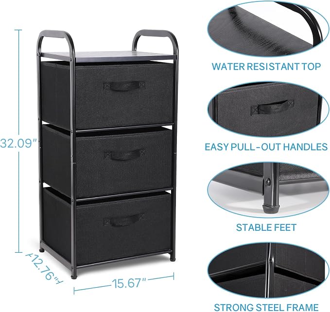 MAX Houser Dresser Storage with 3 Fabric Drawers, Black | Vertical Storage Unit for Bedroom,Chest of Drawers with Metal Frame, Wooden Tabletop, for Living Room, Closet