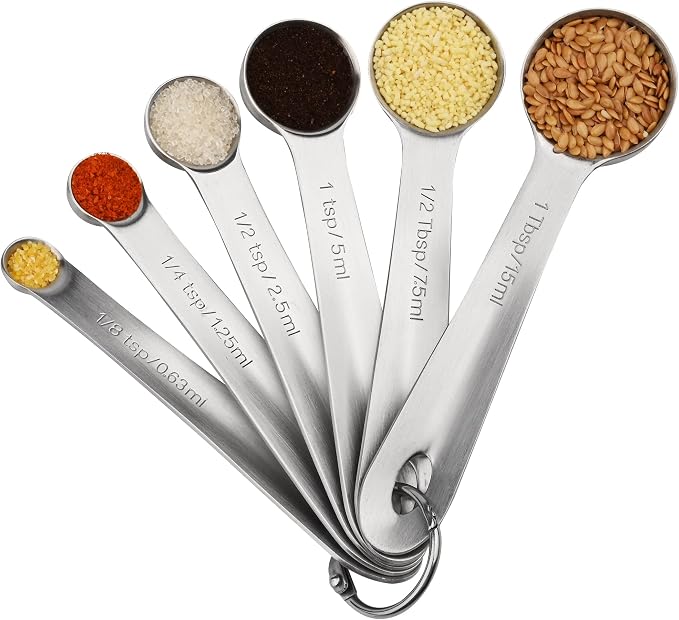 Measuring Spoons Set 6 with Flat Bottom, 18/8 Stainless Steel Measuring Spoons Set for Dry & Liquid, Metric & US Markings Measuring Tools for Kitchen & Baking