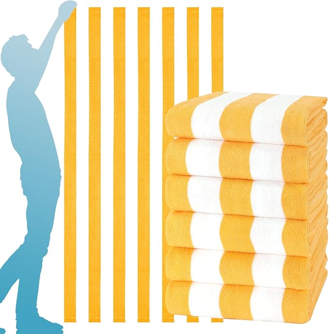 Genovega 6 Packs Stripe Beach Towel Thin Terry Set XL Big Extra Large Oversized Accessories Essentials Soft Super Clearance Pool Swim Camping Travel Bath Towels Bulk Men Women Adults Gift Yellow
