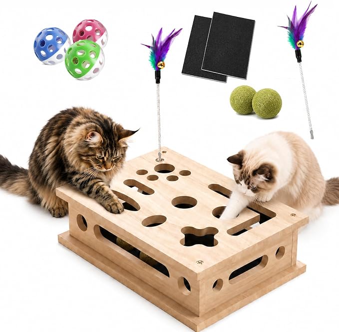 2026 New Cat Scratch Puzzle Enrichment Box, Interactive Cat Nail File Box with Catnip & Bell Ball, Cat Scratcher Toy with Teaser Wand, Stress-Free Alternative to Clippers & Grinders