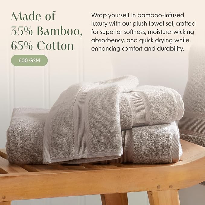 Springtree Home Luxury Bamboo Rayon Plush Bath Towel Set | 4-Pack | Brown | 35% Bamboo Rayon - 65% Zero Twist Cotton | Absorbent Quick-Dry Towels for Bathroom | Ultra Soft | OEKO-TEX Standard 100