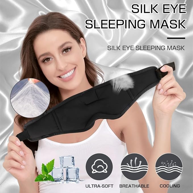 Sleep Mask with Headphones Bluetooth 5.4, LC-dolida Wireless Music Eye Mask for Sleeping Headphones with Soft Silk Cooling Breathable,Ultra-Thin Stereo Speaker for Side Sleepers-Raven