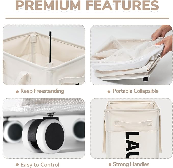 CHICVITA Collapsible Laundry Hamper on Wheels, 75L Clothes Laundry Basket with Removable Wash Bag for Dorms, Clothes Hamper with Handles, White