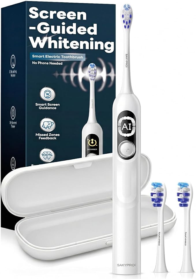 SAKYPRORAL AI Electric Toothbrush for Adults, Sonic Rechargeable Whitening Toothbrush with 6-Zone Tracking, Soft Replacement Heads & Travel Case (Pearl White, 1 Count with 2 Brush Heads)