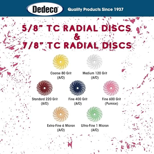 Dedeco Sunburst Radial Bristle Discs 48-Pack - 5/8" Curved - Red 220 Grit (Standard) - Aluminum Oxide for Polishing & Finishing