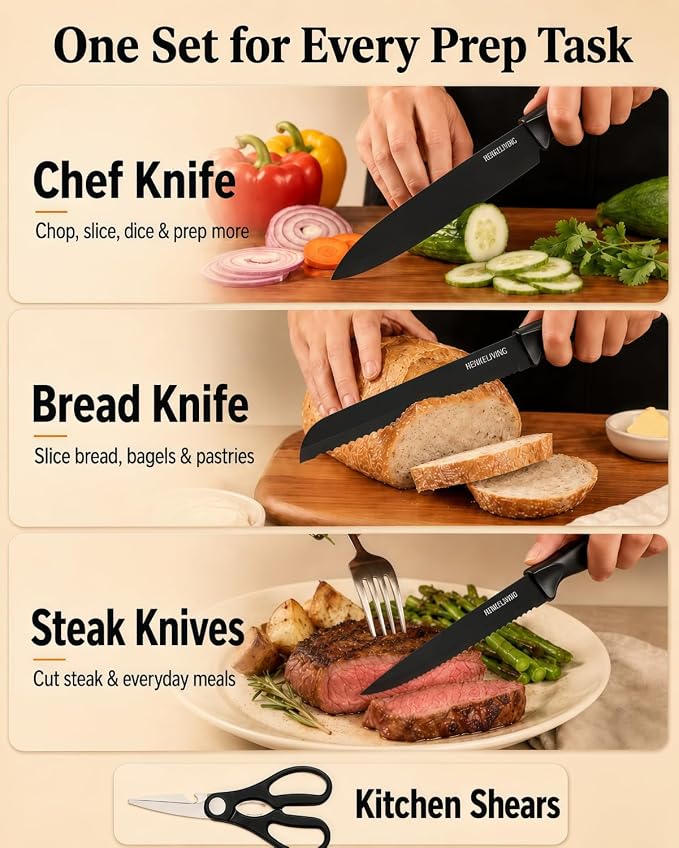 19-Piece Black Kitchen Knife Block Set with Built-in Sharpener | Dishwasher safe, German high-carbon stainless steel blades, ultra-sharp edges, ergonomic non-slip handles