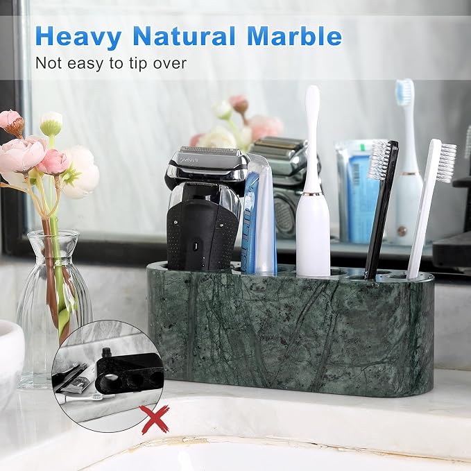BCS Toothbrush Holder for Bathrooms, 6 Slots Marble Toothbrush Organizer, Makeup Brush Stand Toothbrush Storage Collection for Bathroom Countertop Vanity Organization - Indian Green
