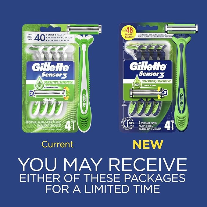 Gillette Sensor3 Sensitive Men's Disposable Razor, 4 Razors (Pack of 12)