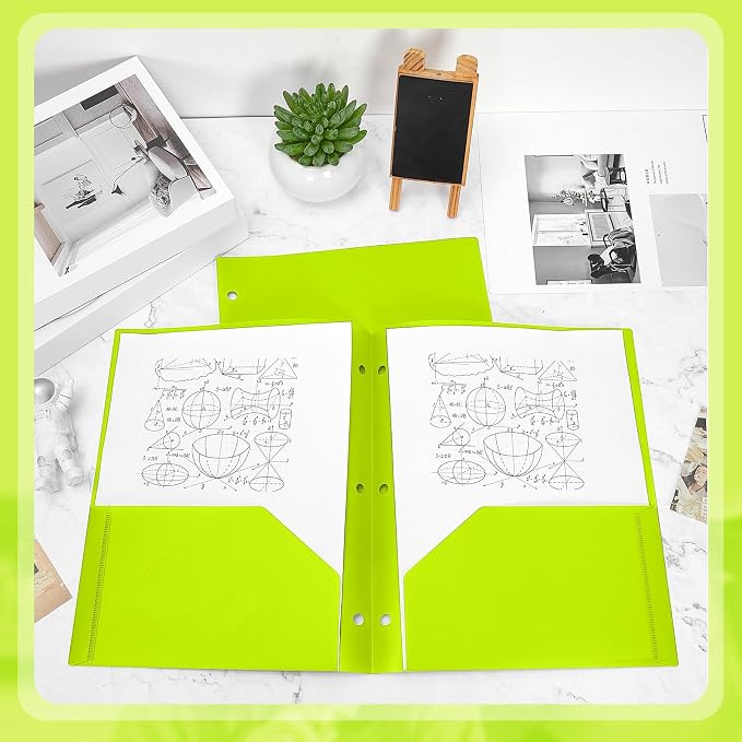 Yeaqee 72 Pcs Plastic Folders with Pockets Bulk 3 Hole Punched 2 Pocket File Folders for 3 Ring Binder Divider Folder for Notebooks, Durable Poly for Office Home (Neon Green)
