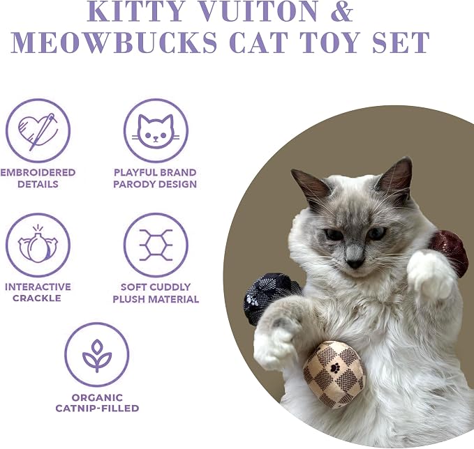Haute Diggity Kitty Vuiton Checker Balls + Meowbucks Catpuccino Set, Plush Cat Toys Catnip Filled with Interactive Crackle Sound, Safe & Durable Toys for Cat & Kitten, 5 Pcs