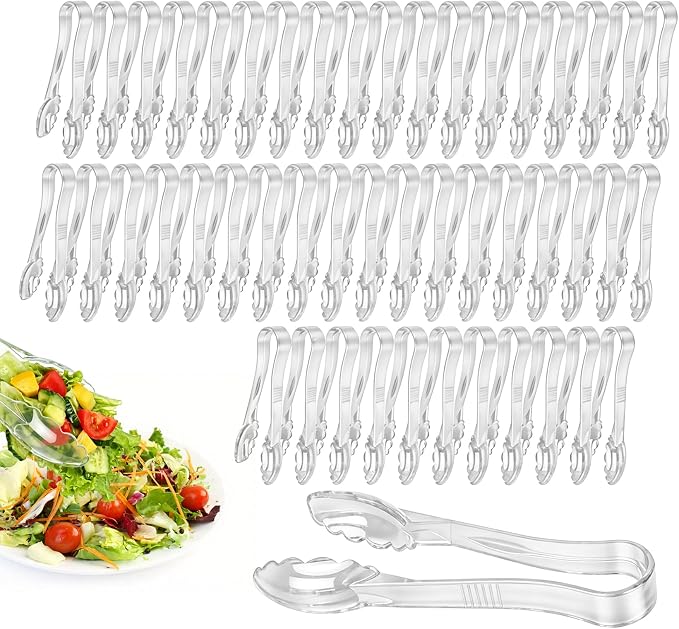 48 Pack Plastic Tongs for Serving, 9 Inch Heavy Duty Hard Plastic Serving Tongs with Scalloped Tips, BPA-Free Reusable or Disposable Serving Utensils for Buffets, BBQ, Parties & Catering