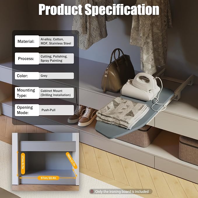 Foldable Cabinet Ironing Board Retractable Grey Ironing Station | Sturdy Load-Bearing Structure, Adjustable Rotation Design, Easy Install Compact Fold Size fit Wardrobe Drawer Cabinet Use