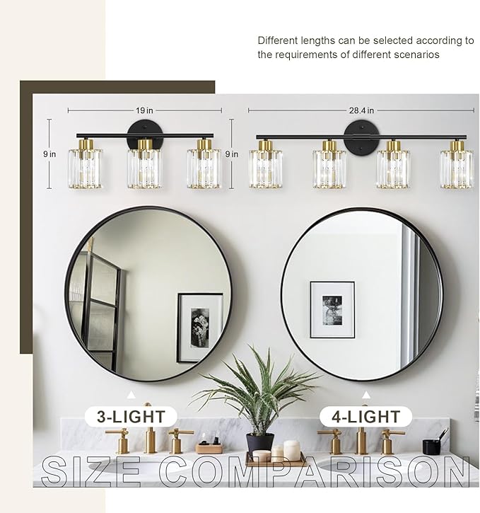 Crystal Bathroom Light Fixtures, Bathroom Lighting Fixtures Over Mirror, Modern Black Gold 3-Light Vanity Lights for Mirror, Restroom, Bedroom (Ceramic E26 Socket,Bulbs Not Include)