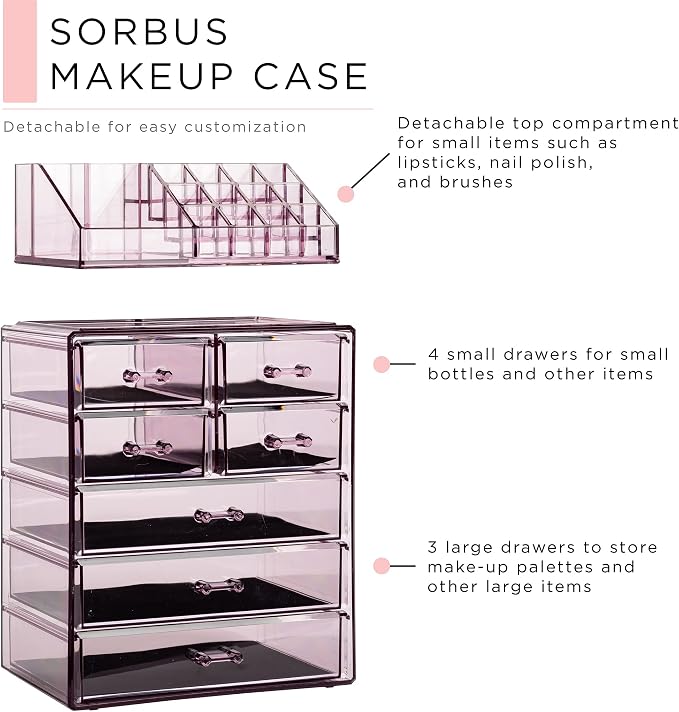 Sorbus Acrylic Makeup Organizer Set, 7-Drawer Vanity & Countertop Cosmetic Storage with Small & Wide Compartments, Purple Makeup Storage for Brushes, Jewelry – Holiday Gift for Women & Teens