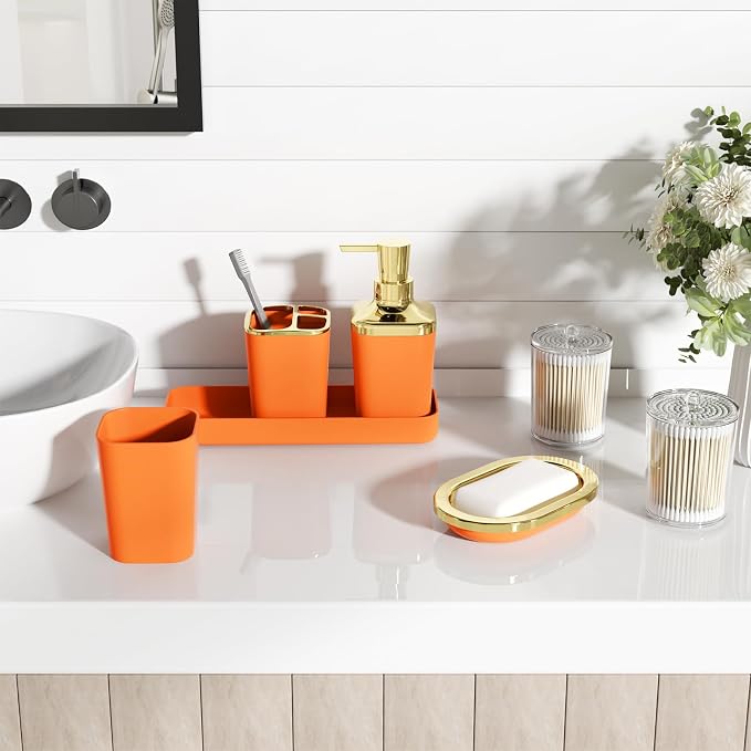 XLHOMO Bathroom Accessories Set - 25PC Bathroom Set with Shower Curtain and Rugs, Orange Bathroom Set, Bathroom Accessory Set with Press-on Lid Trash Can, Soap Dispenser and Qtip Holders for Home