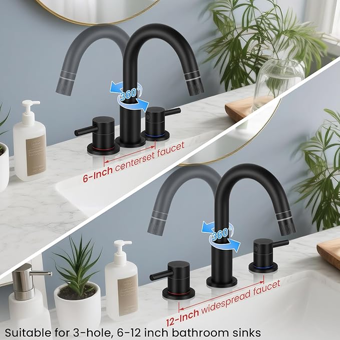 Matte Black Pull Down Bathroom Faucet 3 Hole with Pop Up Drain, Bathroom Sink Faucet with Pull Down Sprayer 2 Modes, 8 inch Widespread Gold Faucet for Bathroom Sink, 2 Handle Vanity Faucet