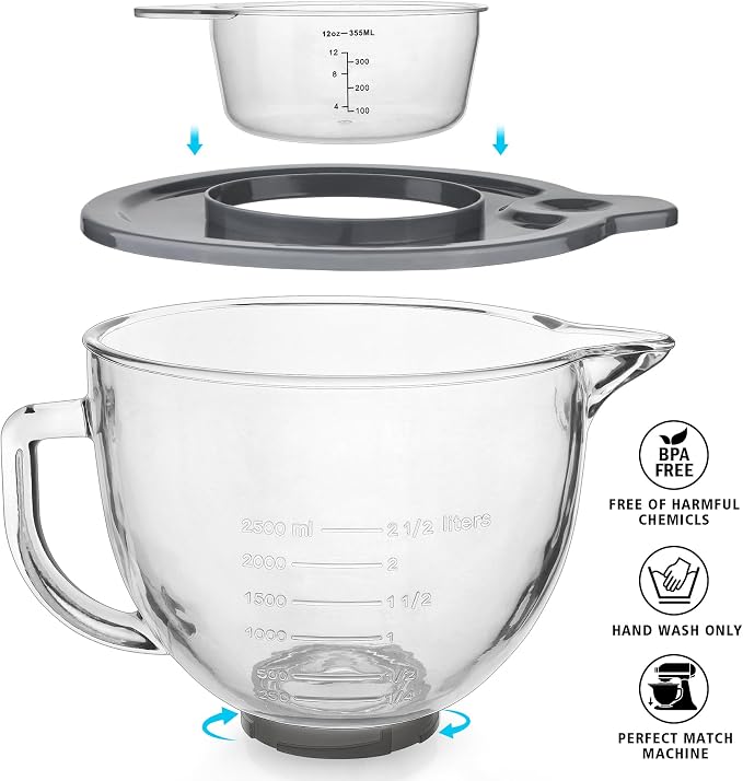 Glass Mixing Bowl 5 QT for KitchenAid 4.5 and 5 Quart Tilt-Head Stand Mixers, Measuring cups with scales, Fits Artisan KSM150, RRK150, KSM100, K45SS, KSM90, KSM95, K45, KSM110, 5KSM125