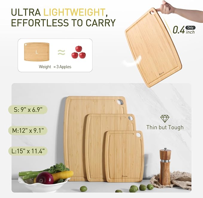 Lightweight Durable Bamboo Cutting Board Set with Non-Slip Feet, Wood Cutting Board for Busy Kitchen, Easy Clean Wooden Chopping Boards with Juice Groove Best House Warming Gift Set of 3 (S+M+L)