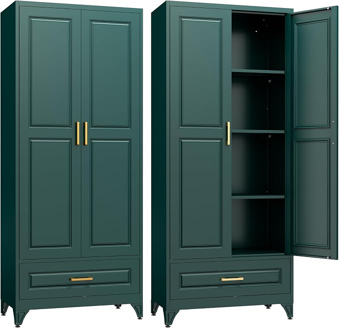 SteeLoong 75" Metal Storage Cabinet with Doors and 3 Adjustable Shelves | Kitchen Pantry Cabinet with Drawer,Green Kitchen Cabinet with 2 Gold Handles,Food Cupboard for Livingroom,Pantry, Bathroom