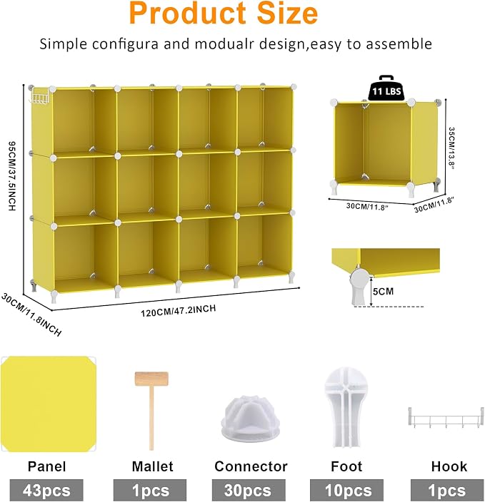 AWTATOS Cube Storage Organizer, Storage Cubes Shelves, 12 Cube Closet Organizers and Storage, DIY Stackable Bookshelf Plastic Clothes Organizer Shelving for Bedroom, Home,Yellow