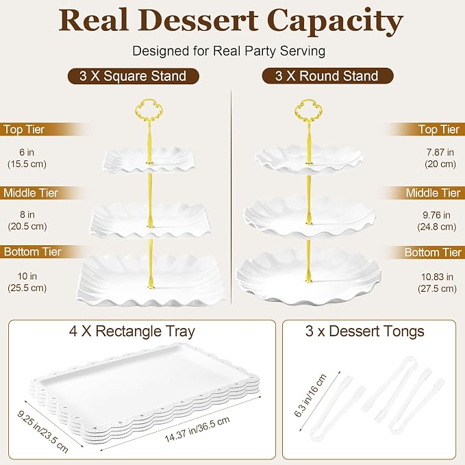 Dessert Table Display Set 13PCS, 3-Tier Cupcake Stand Set with Metal Gold Rods, 3 Round & 3 Square Dessert Stands, 4 Serving Trays & 3 Tongs for Wedding Birthday Baby Shower Party Decor