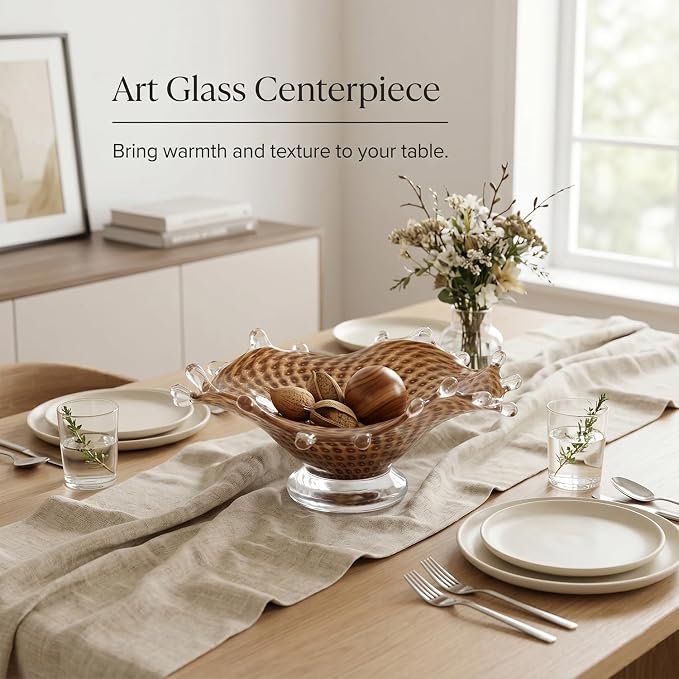 LCCCK Amber Glass Pedestal Fruit Bowl for Kitchen Counter, Hand Blown Glass Bowl Dining Table Centerpiece, Unique Candy Bowls for Office Candy Dish and Living Room Coffee Table Art Decorative