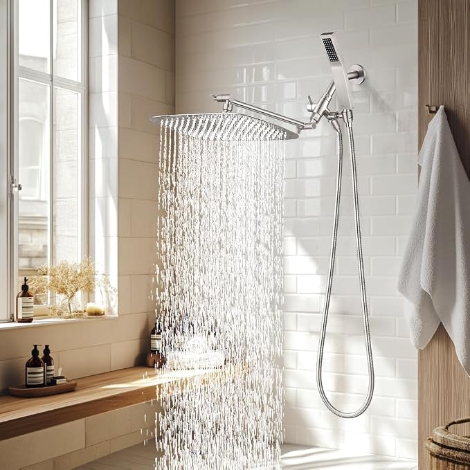 G-Promise All Metal 14 Inch Dual Square Shower Head with Handheld Spray Combo, Rain Shower Head, Adjustable Extension Arm, 3-Way Diverter, 71 Inch Extra Long Hose - A Bathroom Upgrade(Brushed Nickel)