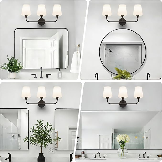 Bathroom Vanity Light, Matte Black Bathroom Light Fixtures, 3-Light Lighting Fixtures Over Mirror, Modern Wall Sconce with Flared White Fabric Shade, E26 Socket(ETL Listed)