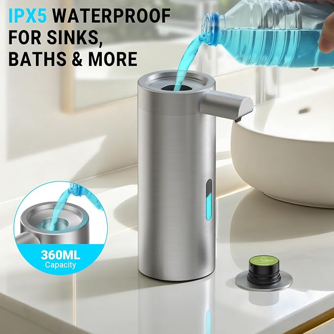 Liquid Sensor Pump, 12.17 oz Automatic Soap Dispenser for Kitchen and Bathroom, Touchless Automatic Soap Dispenser, Variable Dispense, Rechargeable, No-Drip Spout, High-Grade Brushed Stainless Steel