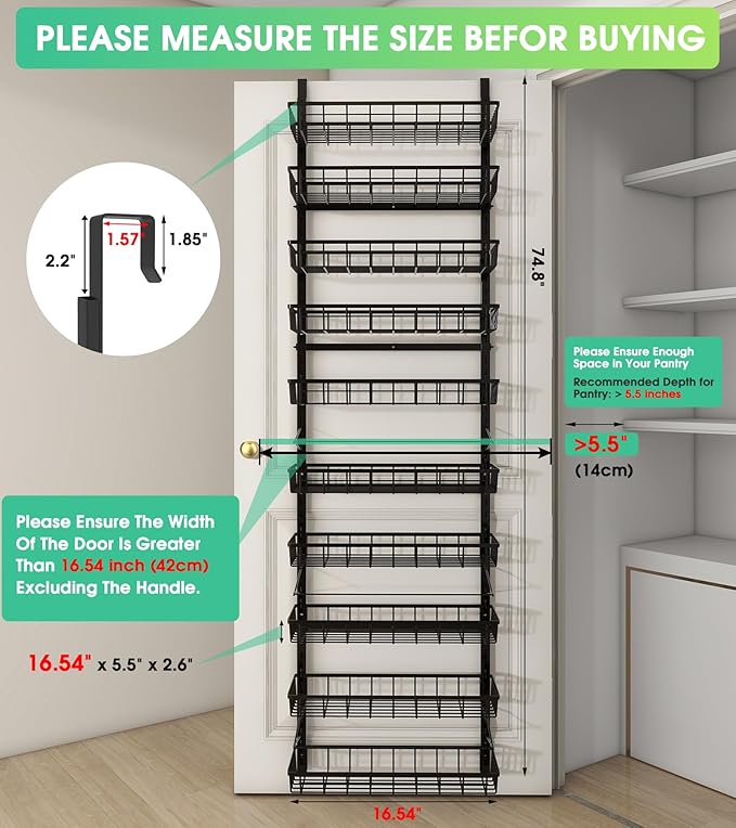 Mefirt 10-Tier Over The Door Pantry Organizer, Pantry Organization and Storage, Black Metal Hanging Adjustable Basket, Wall Spice Rack Seasoning Shelves, Home & Kitchen Essentials