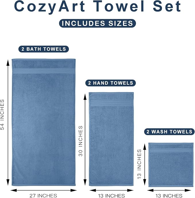 COZYART Denim Blue Bath Towel Set, Turkish Cotton Hotel Large Towel Bulk for Bathroom, Thick Bathroom Sets of 6 with 2 Bath Towels, 2 Hand Towels, 2 Washcloths, 650 GSM | OEKO-Tex 100 Certified Zero Twist Ring Spun, Soft Absorbent Quick Dry, Plush Fluf...