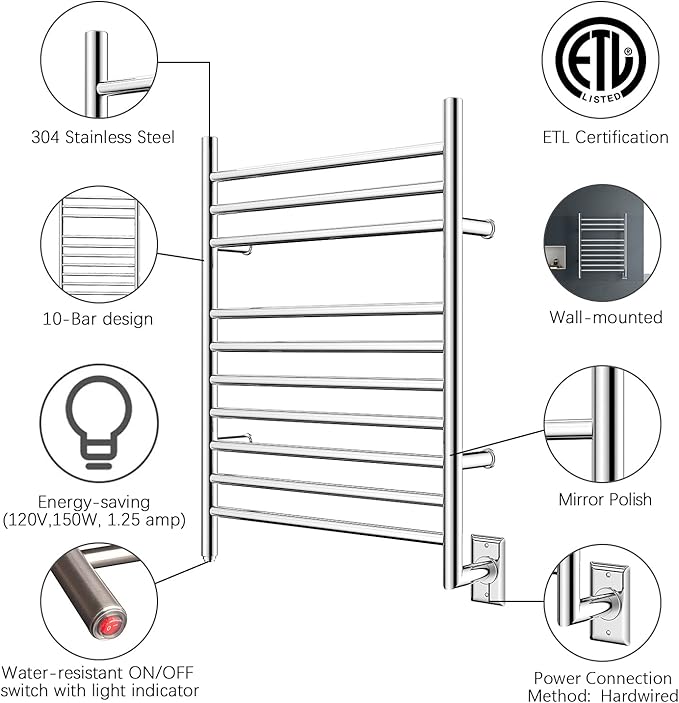 HEATGENE Towel Warmer Wall-Mounted Hardwired Heated Towel Rack Hot Towel Bar Mirror Polish