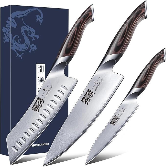 HOSHANHO 3 Pieces Knife Set, Professional Japanese Kitchen Knife Set | Ultra Sharp Japanese High Carbon Stainless Steel Chef Knives Sets with Ergonomic Pakkawood Handle