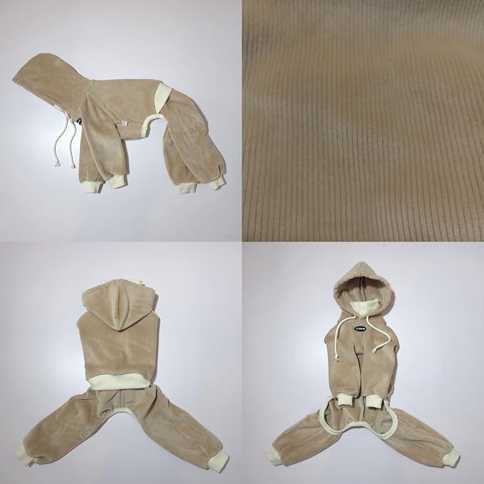 D Doggy Star Italian Greyhound Clothes, Corduroy Velvet Hooded Jumpsuit, Stretchy and Cozy (2XL,Hoodie Beige)