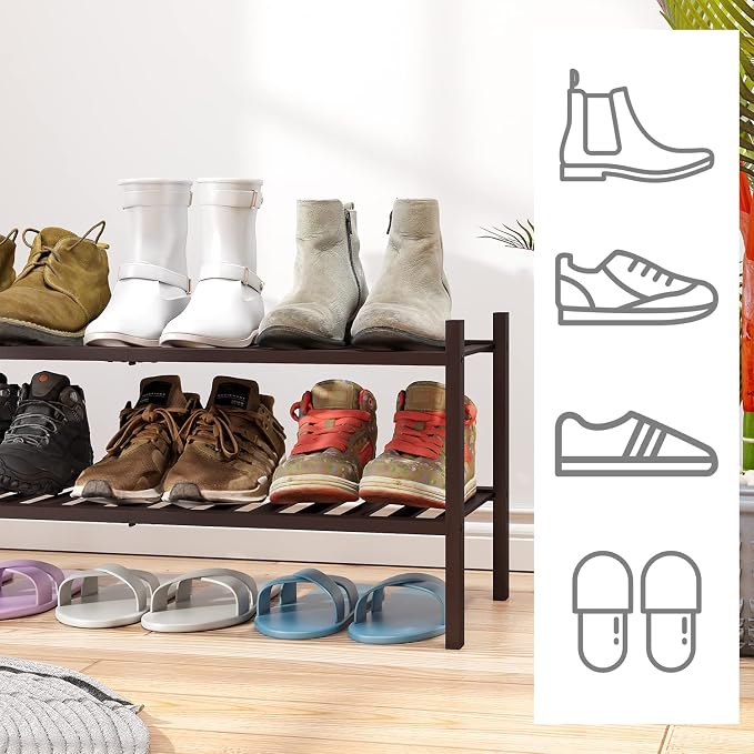 viewcare 2-Tier Shoe Rack for Entryway, Bamboo Shoe Rack for Closet, Free Standing Shoe Racks for Indoor Outdoor, Stackable Shoe Shelf Storage Organizer for Hallway Closet