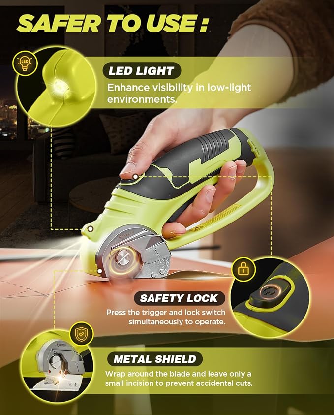Saker Box Cutter Electric Cordless: Card board Cutter Scissors for Fabric Leather Paper Plastic - Cardboard Cutting Tool with 4V Recharged Battery - Safety Lock and LED Light for Cutting,Green